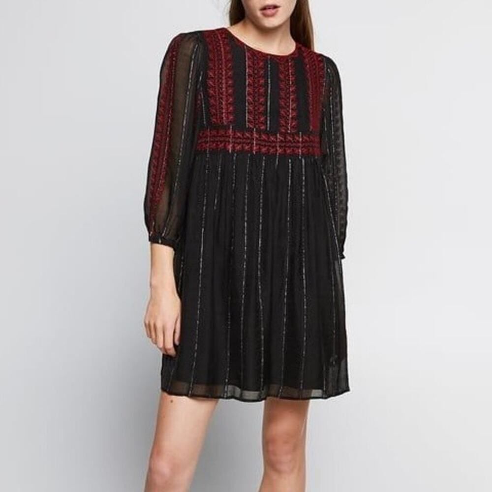 Zara Black Embroidered Metallic Thread Dress Size Small